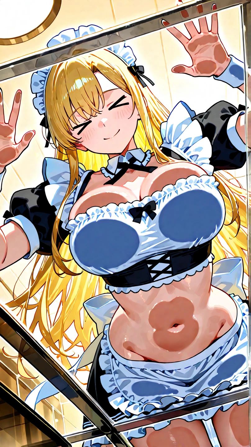 ultra detailed, masterpiece, best quality, solo, soft smile, light smile, 1girl, blue eyes, very long hair, blonde hair, long blonde hair, french braid, bangs, medium breasts, hair ribbon, frilled choker, criss-cross halter, sleeveless dress, high-waist skirt, backless dress, waist bow, detached sleeves, frilled sleeves, wide sleeves, pantyhose, patterned legwear, mary janes, CutePainting, muscular, muscular females, muscular and mascho female, thighs, fit, abs, leg muscles, arm muscles, bodybuilder, (bodybuilder:1.1)