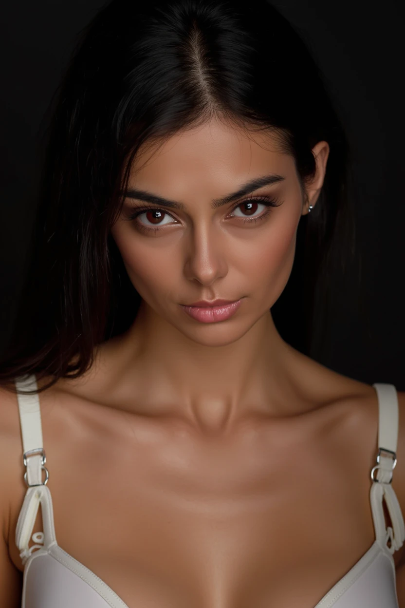 (Masterpiece), (Realistic), (best quality), (8K), ultra detailed, UHD, RAW, black Spanish mom, tan:0.4, (wrinkles:1.3) , round face shape, dark brown hair, long beautiful realistic wavy curly dark brown hair, dark brown eyes, dark brown almond symmetric beautiful realistic eyes, thin eyebrows:1.4, round eyebrows, beautiful symmetric nose, rounded nose-tip, thin nose-bridge, thin nostril, small delicate nose, ((prominent (feminine) cheeks)), (cheek dimples:1.25), thin lips, small mouth, arched chin, red lipstick, skin texture:1.15, wearing a black short strapless dress, (looking_at_viewer), (flexing her body)