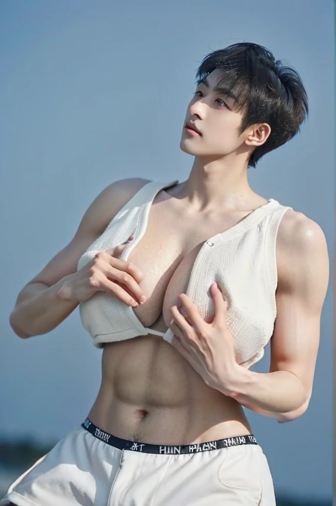 Realistic photos, 8k,(((Bob cut ladyboy,transgender))),(((とてもdirtyベッドの上,Dirty,Sitting down,Pale face,It is dirty,Bad smell,dirty,odor,Homeless,Depraved,Handsome young Korean ladyboy with bob cut))),(((Very big eyes,Glaring at the camera,Unpleasant,Bad mood))),Chest is male,18-year-old,(Ultra-realistic), (figure), (High resolution), (8k), (Very detailed), (Best figure), (Beautiful fine details), (highest quality), (Super detailed), (masterpiece), (wallpaper), (Detailed face), ((whole body,Flat Chest,Very muscular)),alone,Black hair bob cut,(((A girl with makeup on her face,The body is a perfect man))), Topless,Training pants,Transgender,Korean,kpop,Muscular male chest