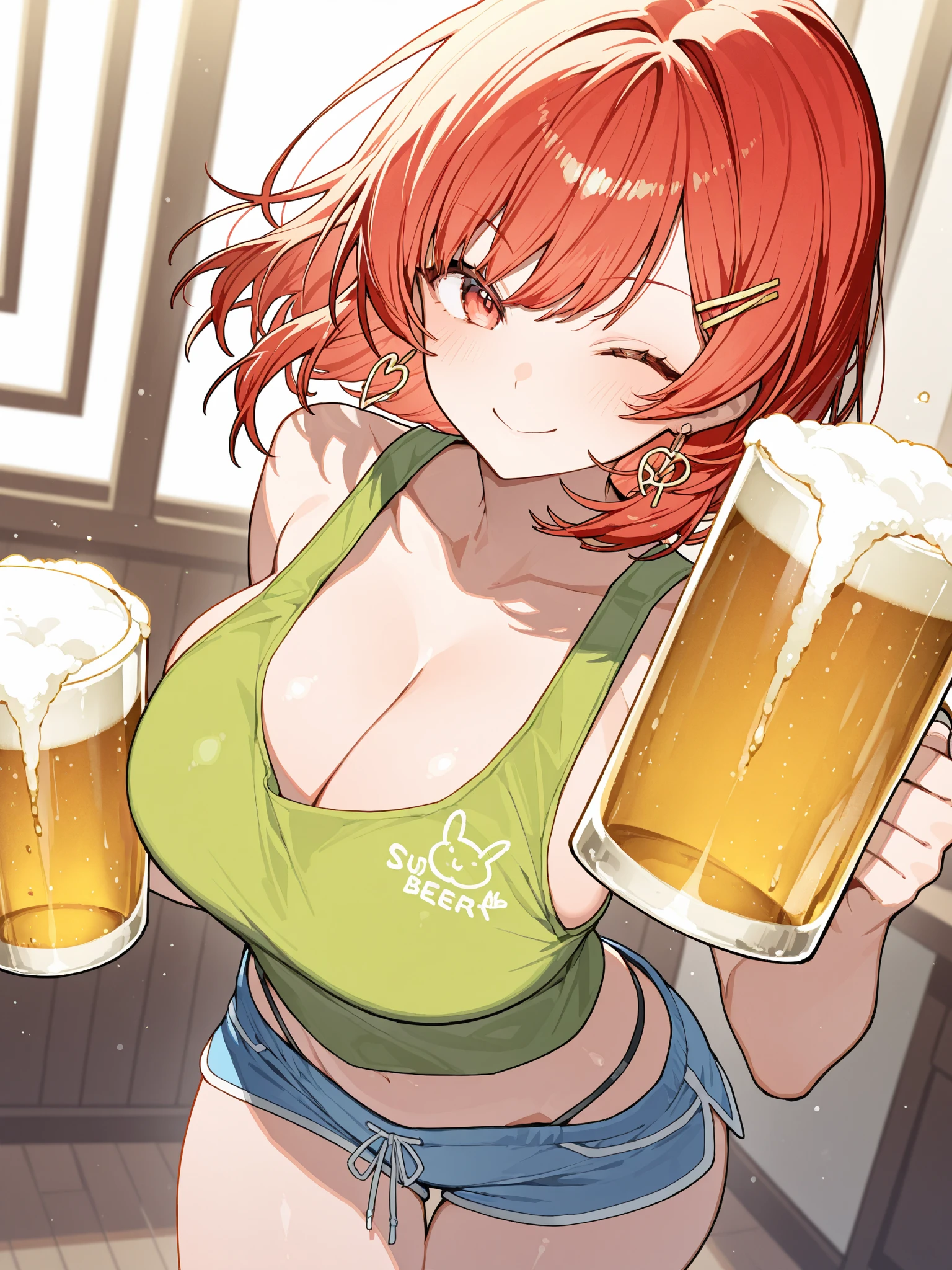 ((Masterpiece)), perfect anatomy, perfect shading, field of depth, (best quality), extremely delicate and beautiful, perfect lighting, detailed face, ultra cute face, cute, (cowboy shot 1.2), full body, (((1girl))), ((solo)), looking at viewer,
short hair, ponytail, orange hair, green eyes, freckle, ((((blush)))), (drunk), seductive smile, (white tank top 1.5), (short shorts 1.5), extremely tight clothes, medium breasts, cleavage, perky breasts, ((wide hips)), ((thick thighs)), (((chubby))), belly bulge, belly hang, fat folds
Irish pub, intricate background, detailed background, hand on hip, ((belly grab)), has a glass of beer