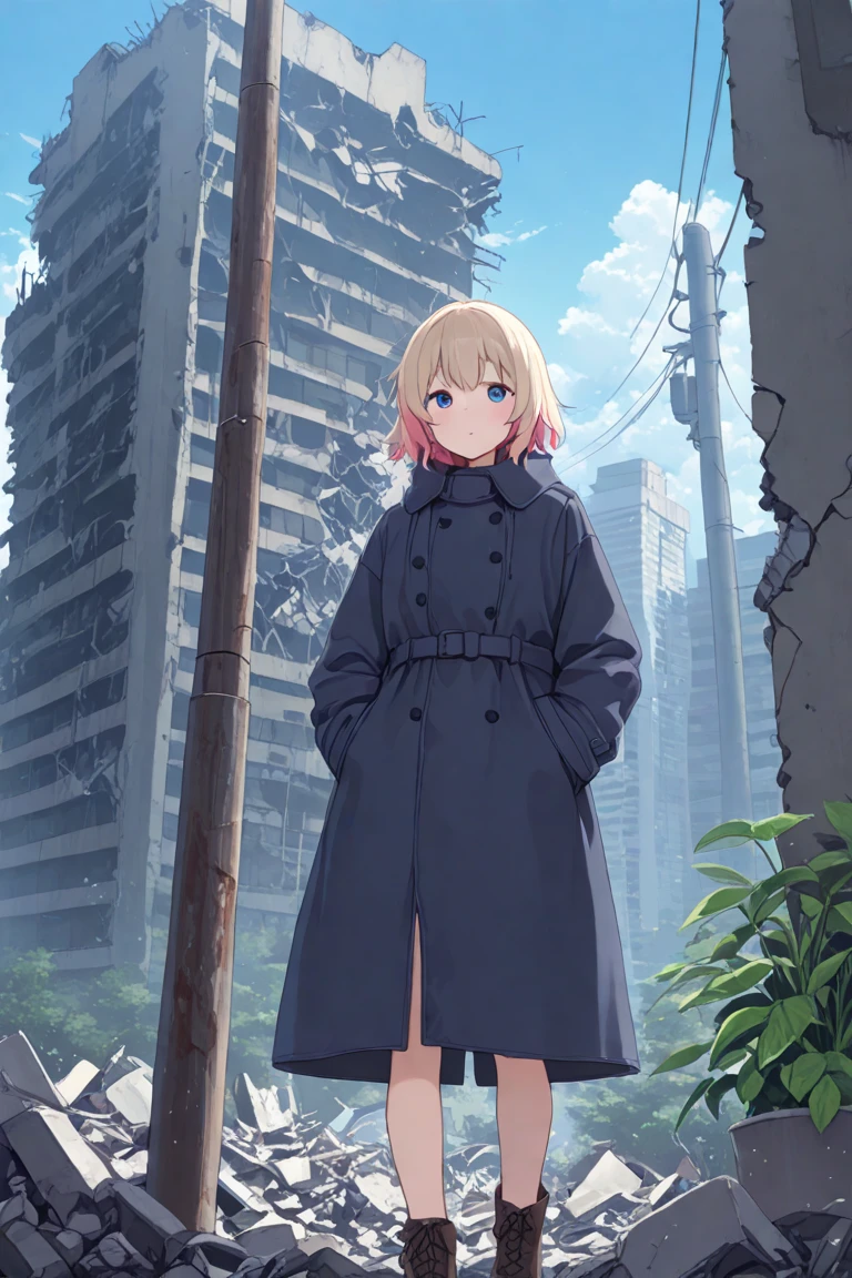 anime girl, white hair, Blue eyes winter suit, which is already broken, scary, Emotionless, Blood on face, Just standing there doing nothing., The background is a broken building.