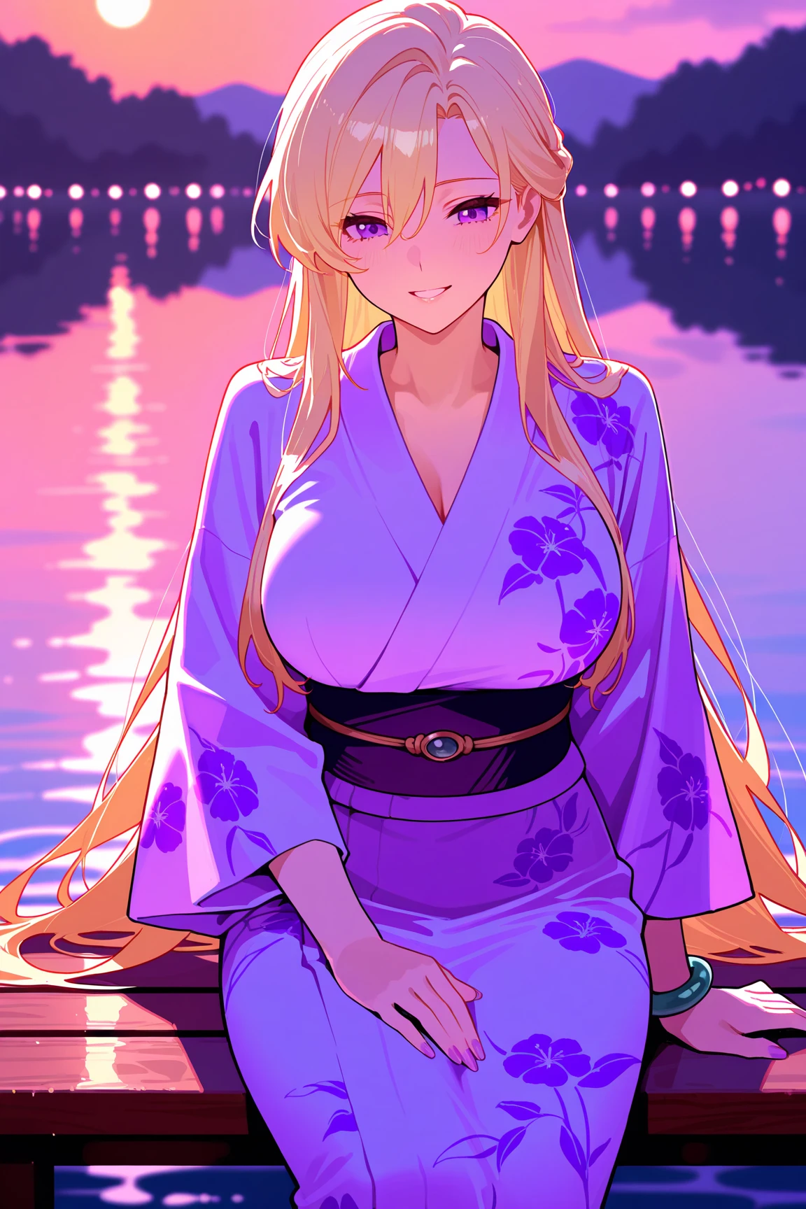 Masterpiece, Best Quality, (((Solo mature woman))), (((long blonde hair))), (((wide hips))), (((beautiful blue eyes))), full lips, seductive smile, large chest, curvy, sexy, ((standing in pond)) (((wearing pink with white floral kimono))), [Janet], [Alice], (((solo))), (((alone))), ((huge boobs)), (cleavage), crystal ball, bare legs, messy hair, curly hair, bracelets, earrings, necklace, geisha makeup, horizon, sunset