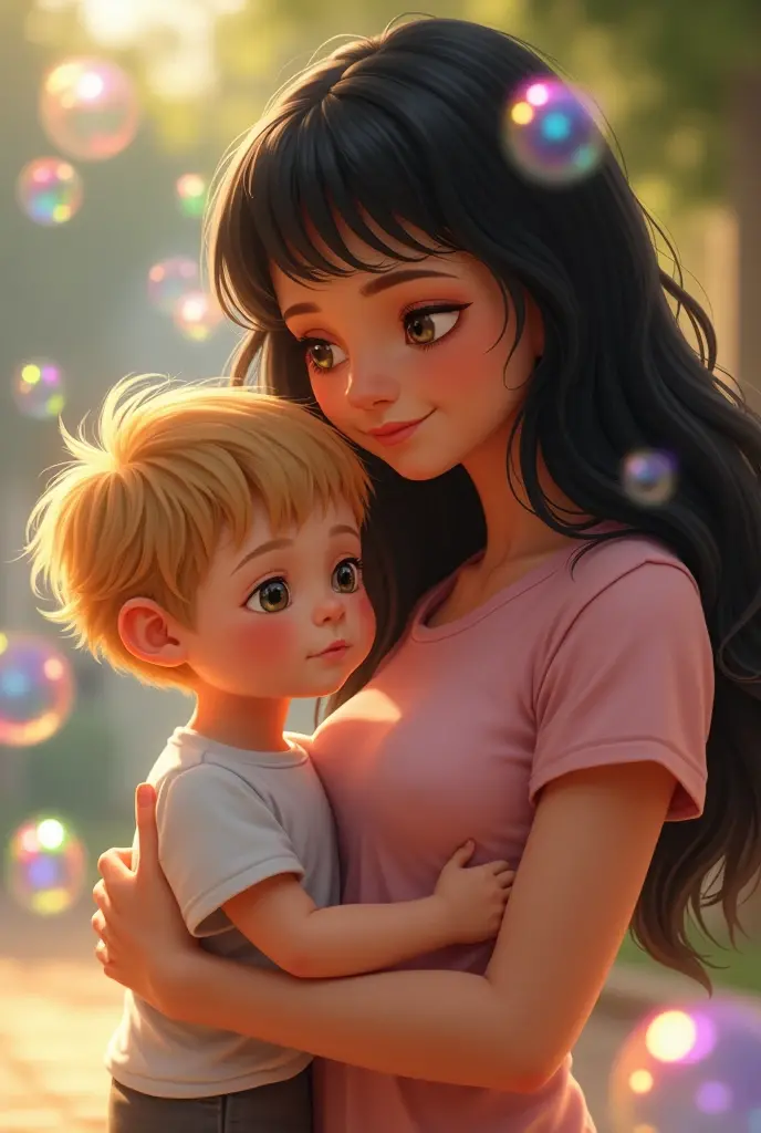 Create realistic Brazilian back with long black hair and bangs, pink t-shirt holding her 3 year old son from behind with slightly voluminous blonde hair, both are making soap bubbles