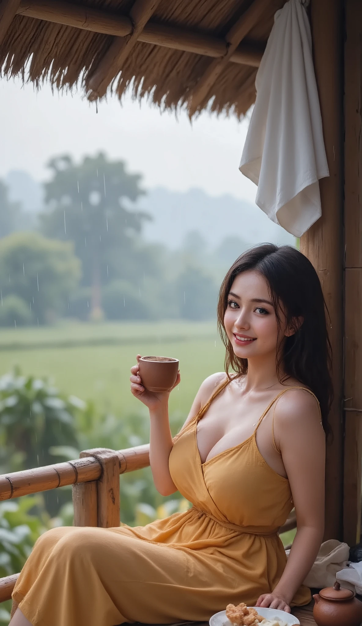 A peaceful rural scene during heavy rain. A young woman in a yellow towel relaxes on the bamboo terrace of a traditional wooden hut. She's surrounded by nature, lush green rice fields stretch out into the misty background. Rain pours from the roof edges, creating a calming atmosphere. Wet clothes hang from a wooden beam above her. She holds a warm drink, with a clay teapot and some snacks nearby. The environment is serene, rustic, and natural, perfect for a relaxing rain ambiance video.