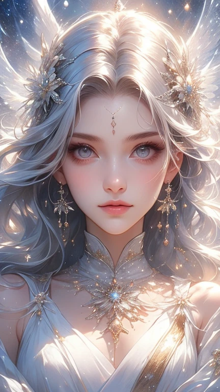 Night scene,stella,（White Hair Girl:1.5）,（（masterpiece））、（detailed：1.4）（Close-up）、angle from above、（Backlight）(A fantastic atmosphere、Ancient Capital、Fantastic beauty images,One Woman、White Dust、Light Danceysterious atmosphere、Suspended particles), (Black Dress、long dress with sleeves、Shoulders exposed、Off the shoulder)、（Gray hair that changes with light、Long, lustrous white hair、white hair fluttering in the wind、Beautiful bangs:1.3）、（Beautiful white and shining skin、Cheek gloss highlight、Sexy and very beautiful and adorable face、The most beautiful face in the world、Big, sparkling blue eyes）、（A cute 25 year old girl、Ample breasts、Great cleavage small waist、delicate shoulders、Perfect figure）