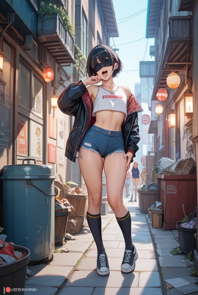 ((medium breast, tomboy girl, small head)), daylight, sunlight, (perfect body: 1.1), (young), (short wavy hair: 1.2) , choker, full body shot, crowded street, ((miniskirt)), (extremely detailed CG 8k wallpaper), (an extremely delicate and beautiful), (masterpiece), (best quality:1.0), (ultra highres:1.0), beautiful lighting, stiff nipple, perfect lightning, pulling skirt, realistic shadows, [highres], detailed skin, ultra-detailed, spread thigh, one leg up, squatting on the floor, black thigh high, red high heels, large earring, thighs, (((colorful))), (micro bikini), angle from below, mesh skirt