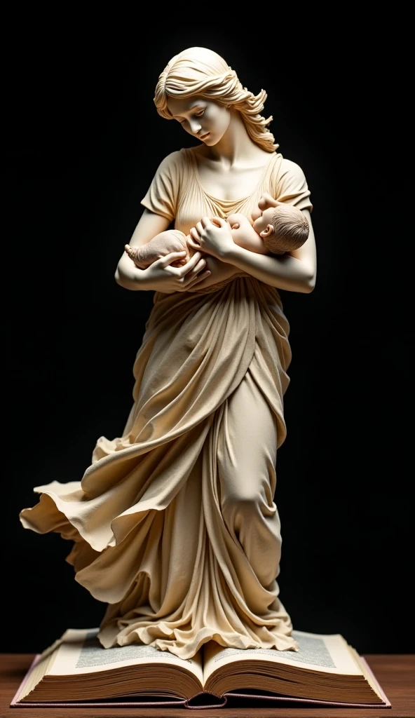Marble statue of a 28 year old girl,, with one knee on the ground, the woman holds a baby with one hand, (realisitic, high qualiy, rich in detail, fully body (no nudity 12x), hair covers the breasts