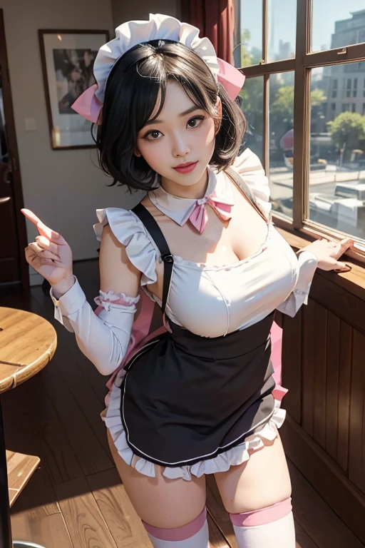 Close-up of a woman wearing a pink maid outfit, smile, laughter, (pink maid clothes), masterpiece, realistic, sharp focus, (realistic:1.3), ultra high res, 8k, RAW photo, best quality, detailed shadow, amazing, finely detail, sharp focus, (shine light on face:1), (Volumetric lighting:1.4), 21 age girl, twin tail hair, black hair, large breasts, heart-shaped face,Full lips,(maid:1.4), black pantyhose, loafers, standing, cafe, from below, looking at viewer