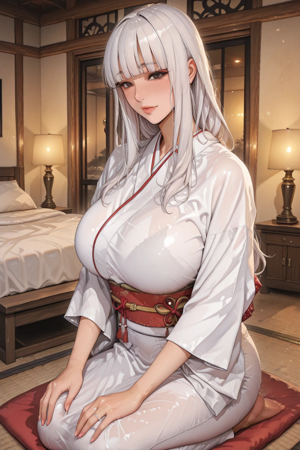 Beautiful girl, white hair, big breasts wearing a bare-chested kimono,sexy post,on the bed Japanese style.