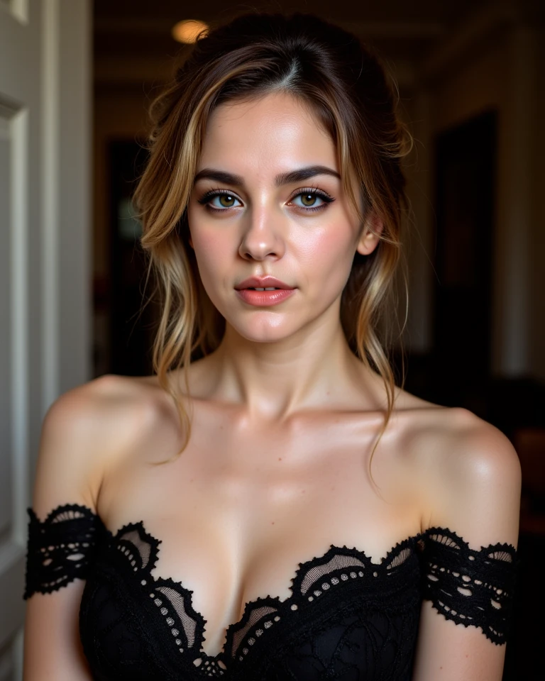 Photo brute, visage portrait photo d'une belle 16 ans.oh woman, visage mignon, porter une robe noire, happy face, ombres dures, cinematic plan, dramatic lighting, cheveux blonds, seins de grosse taille