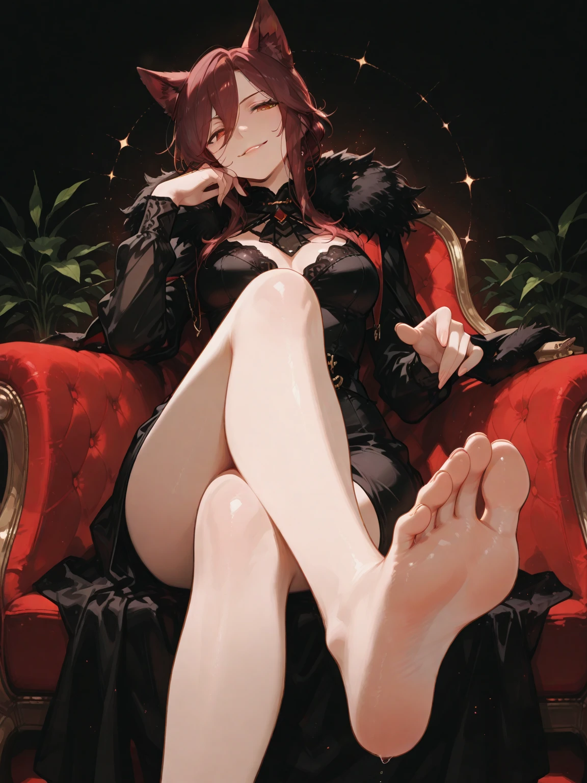 (NSFW: 1.4), (Best Quality, Masterpiece: 1.1), (Fidelity: 1.4), Woman, 22 years old, Lustful look, Flushed face, Face of Pleasure, Lustful expression, Lascivious half-open mouth, Short hair Messy red, Eyes purple color, In the Main Room, nocturnal moonlight, lace stockings, Lace choker, Hearts flying, Transparent lingerie, sitting in an armchair, legs open, full body, high heels, bare crotch, camel's paw, detailed hairy pubic anatomy, small breasts, hard chest beak, looking at the viewer, pov from below, comics style, analog style, illustration, lineart.