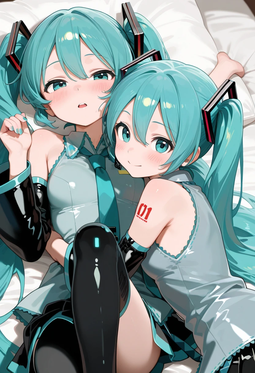 Anime art, anime style, detailed drawing, white background, high definition, high quality, one girl, solo, Hatsune Miku, aqua hair, twin tails, head ornament, headphones, number tattoo "01" (red, located on her left hand), grey sleeveless collared shirt, black detached sleeves with aqua lines, five fingers with aqua nails, aqua necktie, black pleated mini skirt with aqua lines, zettai ryouiki, thigh-high black boots with aqua lines.
An anime guy lying on bed while hugging a pillow with the image of Miku Hatsune on it (pillow / dakimakura)