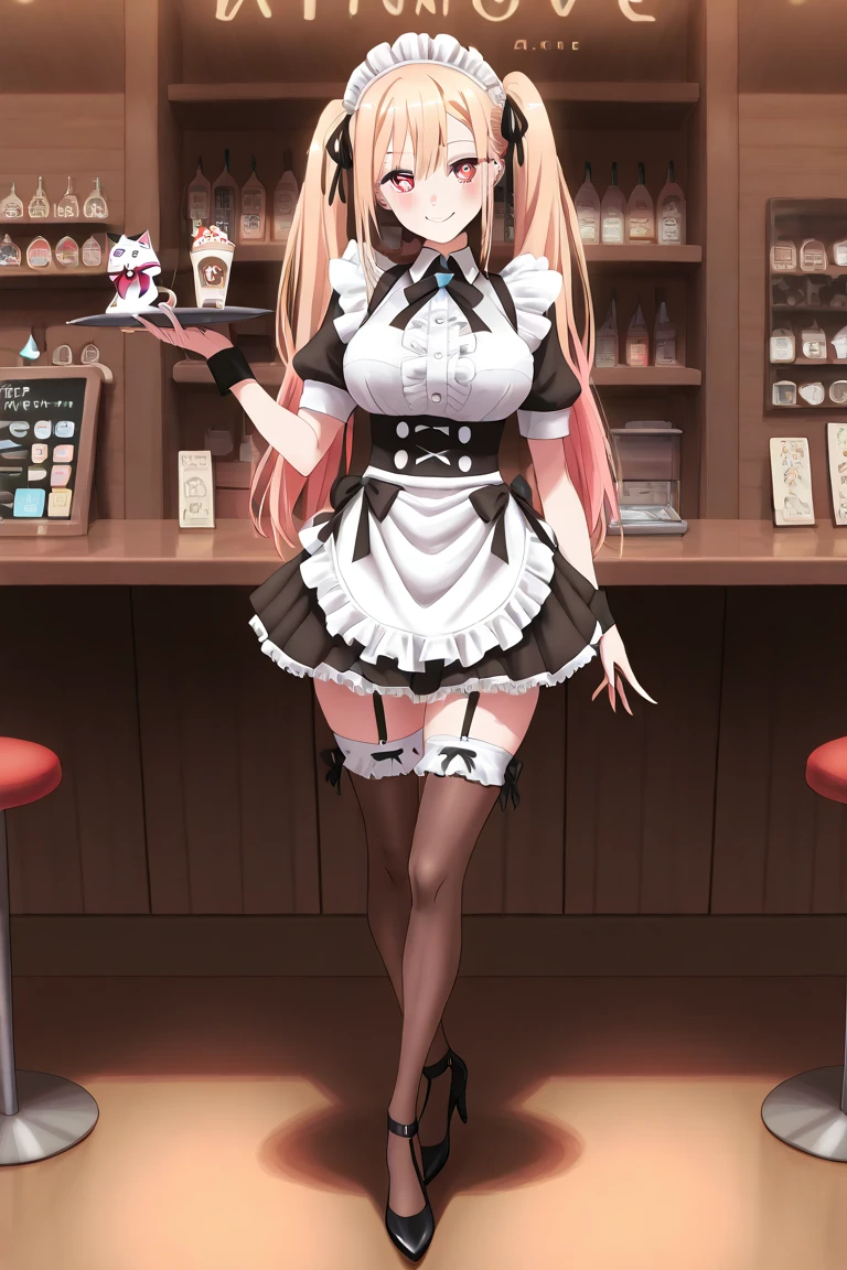 1 girl playing with a cat、Kitagawa Kaito、KitagawaMarin.、twin tails、Maid cafe employee、 cafe interior、Serve customers、Maid Outfit、knee-high stockings、micro mini skirt、Panchira、、gentle smile、、、high heels、masterpiece、Highest Quality、