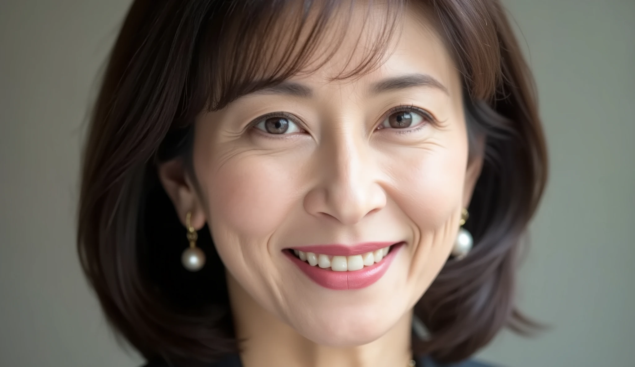 Close-up portrait of a sophisticated middle-aged Japanese woman, 48 years old, with a layered short bob haircut. Soft waves gracefully frame her face. she has a gentle and sophisticated look, With a warm smile . She has soft pink lips and natural makeup with modest blush. the lights are bright、Attractive, Highlights smooth skin and fine lines of laughter. The background is simple and modern. (Super Real, high detail, masterpiece, 4K, Physically Based Rendering, depth of field, Clear Focus)