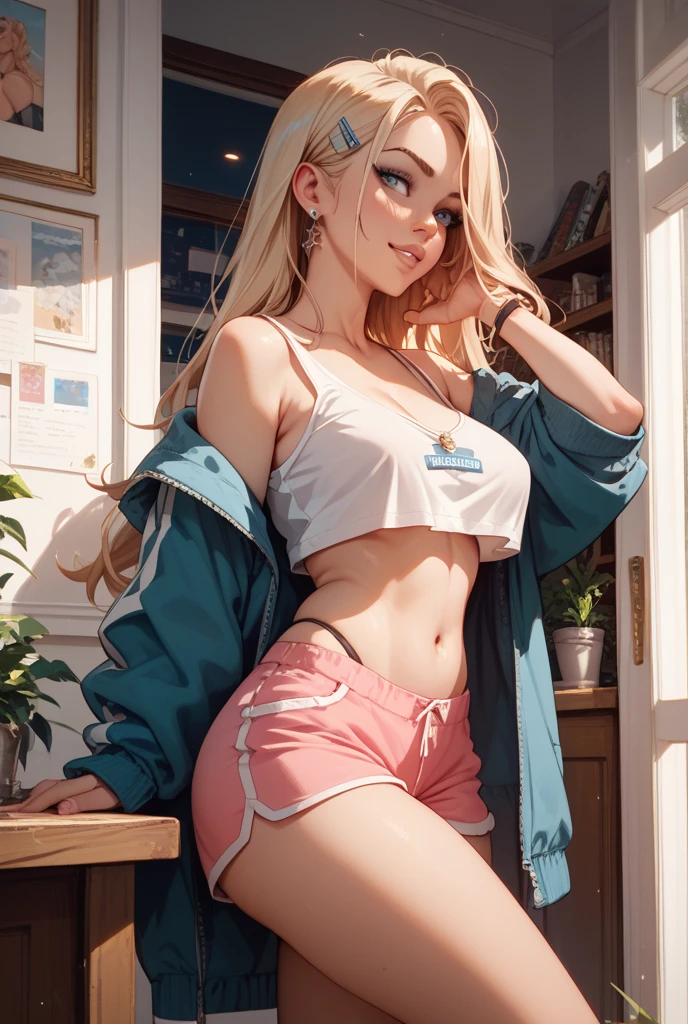 1 pretty 12 year old, long blonde hair with pigtails, blue eyes, little, small waist, skinny, small crop top, cotton short pajama shorts, in panties, on her knees, mouth wide open