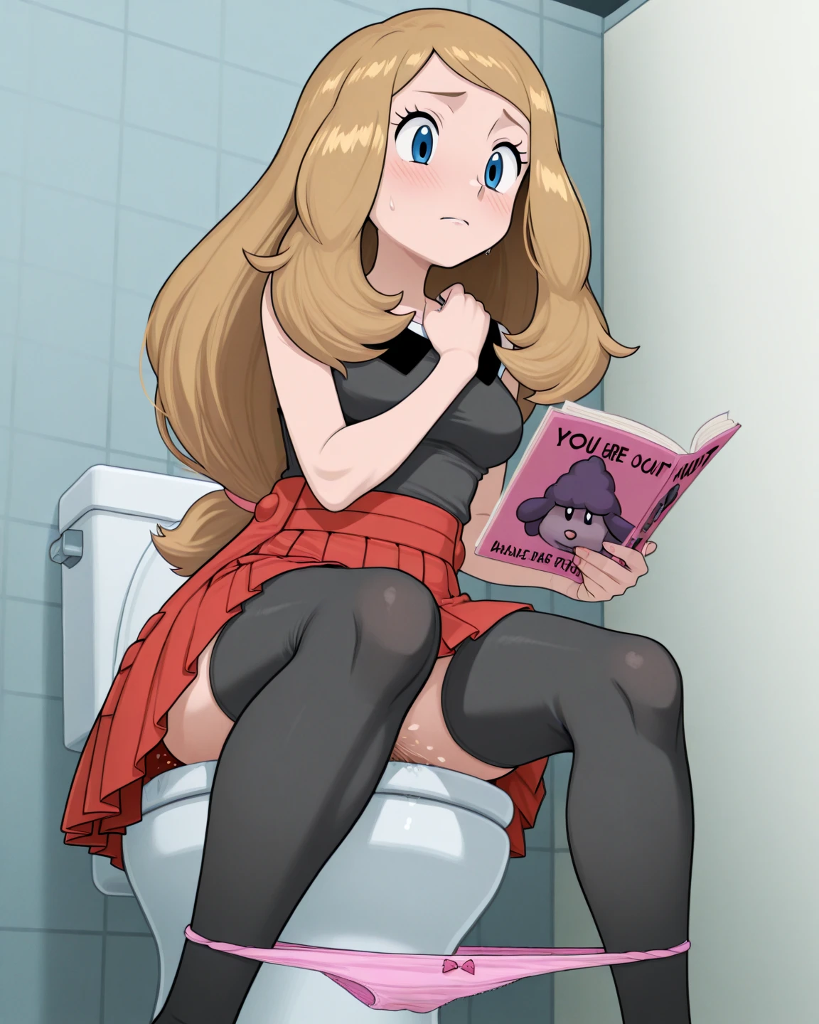 score_9, score_8_up, score_7_up, score_6_up, score_5_up, score_4_up, (Source furry), (rating nsfw), 1girl solo, portapotty, sitting down, glasses, callie briggs, detailed, detailed fur, full view, legs, purple heels, white bra, sighing, thicc, hula skirt, interior, blonde hair, sexy, panties at feet, urination, toilet, panties pulled down, front view, relieved