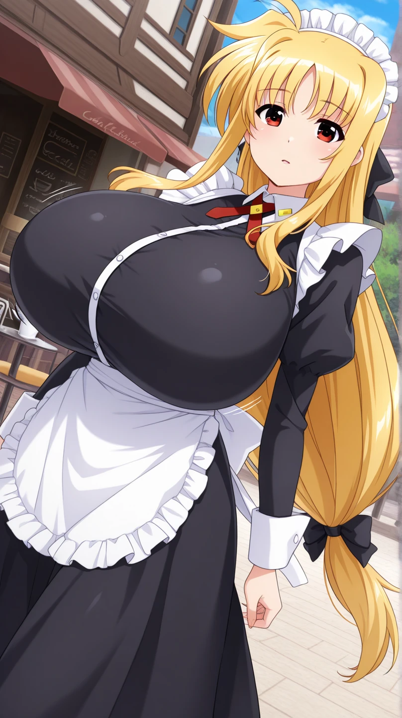 1solo girl female Roxxane, cute, maid victorian, maid apron, straight face, dazed, Body position: Standing, straight, symmetrical, barefoot, fluffy ears, milf bimbo lustful smirking smile red blush red cheeks, chain leash, kneeling, shackles, leather black collar slave, 2 high ponytails