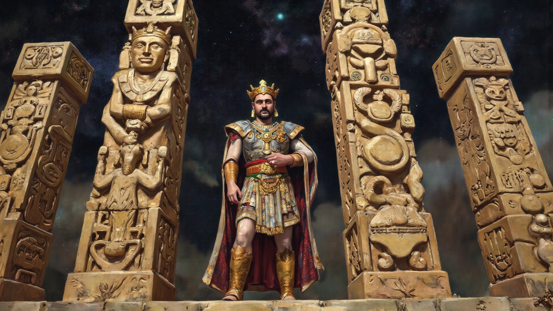 "Anu, the ancient god, towers as a giant, an embodiment of divine power and majesty. His skin is a warm light brown, and a long, flowing grey beard cascades down, signifying his timeless wisdom. He wears an opulent cloak, a fusion of ancient design and high-tech shimmer, hinting at a civilization both archaic and advanced. The cloak glitters with intricate patterns, possibly circuits or celestial maps. Adorning his head is a crown, both regal and futuristic, studded with gems that pulse with light. Wrapped around his left wrist is a high-tech watch, its face a blend of holographic displays and Sumerian glyphs. In his right hand, he holds a device, swirling with energy, a portal opener to other realms or times. His left hand firmly grips an ancient bag, its contents a profound mystery but radiating an otherworldly aura. Sprouting from his back are magnificent golden eagle wings, grand in span and shimmering in the ethereal light. He stands resolutely in front of the Tree of Life, its branches and roots intertwined in an eternal dance of creation and knowledge. The backdrop reveals vast high-tech temples, grand structures with glowing symbols, and levitating platforms. Nestled among these marvels, a bowl holds a miniature Earth, rotating slowly, a tribute to the planet and Anu's dominion over it."