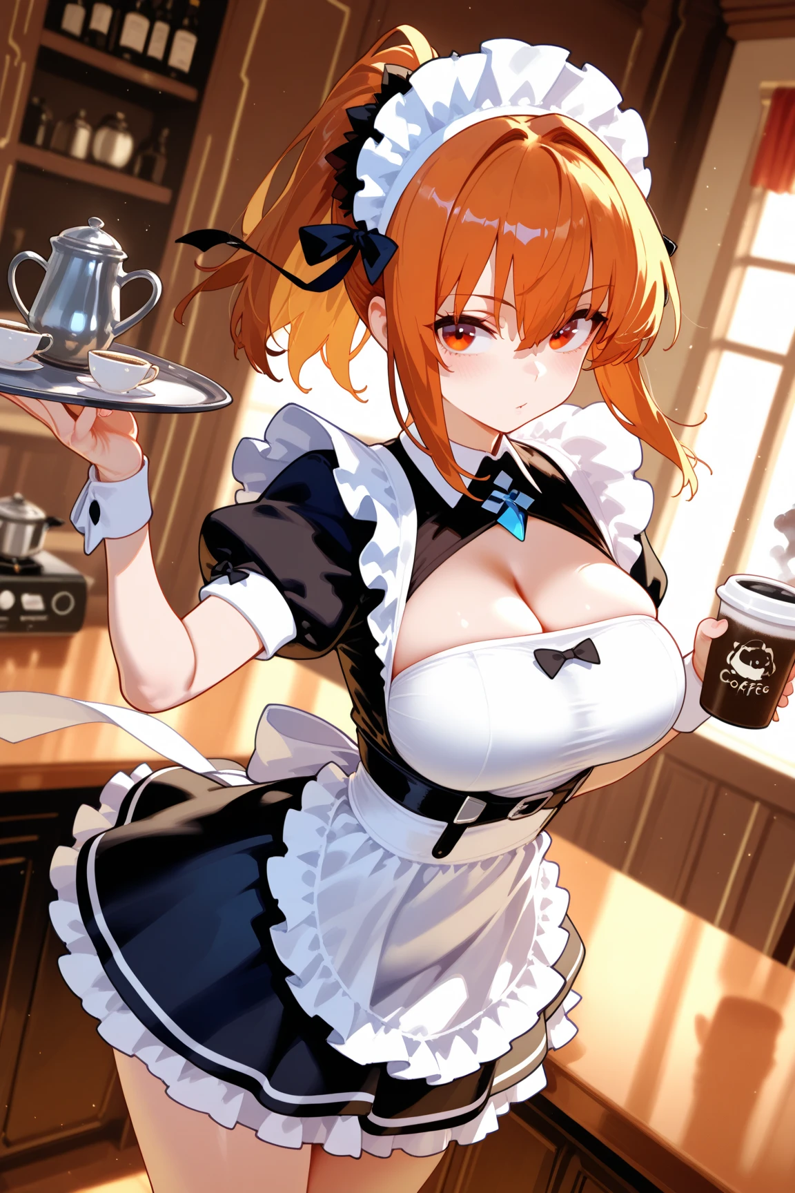 (masterpiece), best quality, expressive eyes, perfect face,(((1 girl))),((orange and white maid uniform:1.3)),(huge breasts 1.5),(thigh gap 1.5),(calico cat ears),(calico cat tail),tavern,tray serving drinks,hand on own chest,high heels,((pink hair)),wavy hair,cleavage,looking at viewer,smiles, eyeshadows, eye liner,glistening eyes, hyper detailed eyes, intricate eyes, beautiful eye, ((glowing blue pupils))、smilling face,(bare legs),standing,seductive pose