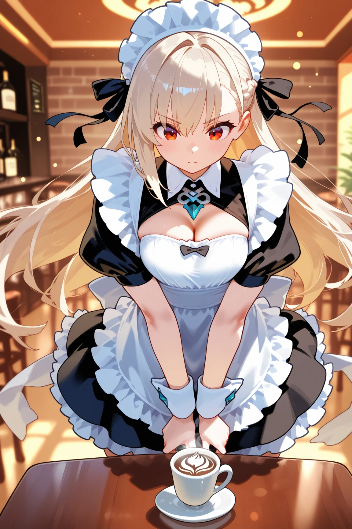 Western, indoors, stunningly beautiful girl, petite and seductive blue eyes, blonde, blush eyeshadow, dark eyelashes, (flat chest), shallow depth of field, blonde hair, ([[smile]], dark skin), looking at camera, black panties ((one woman, from below, hair over one eye)), half-closed eyes, ahoge, dark elf, ridiculous long hair, ((edwardian Maid)), headbands, apron dresses, ear-piercings, long skirts, chokers, blue eyes, detailed eyes, long bangs, very long side hair, petite girls, girls, black shorts, black stockings, garter belt, knee-high