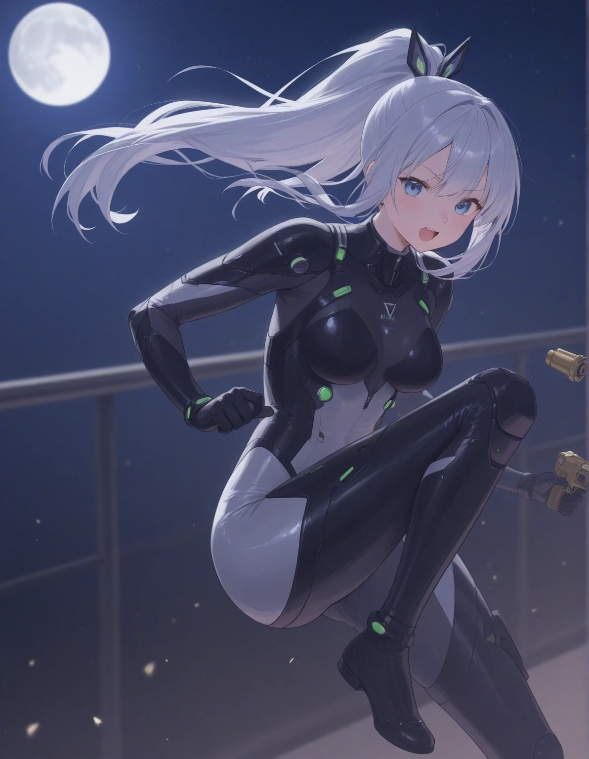 masterpiece, best quality, highres, 1girl, solo, superhero, leotard, bare legs, boots, matching boots, aura, blue aura, sleeveless, gloves, bracelets, matching gloves, looking at viewer, light particles, city backdrop, perfect hands, perfect eyes, powering up, perfect leotard, perfect legs, perfect arms, perfect fingers,