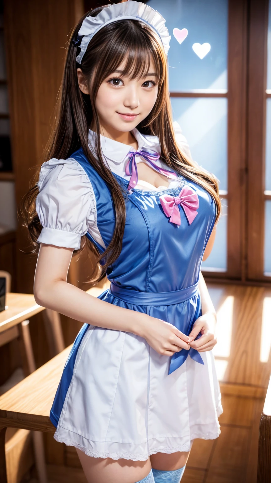 Rice Shower (Uma Musume), 1 girl, solo, long hair, breasts, huge breasts, (huge breasts: 1.8), looking at viewer, blushing, brown hair, knee-high socks, hat, ribbon, belly button, hugging, animal ears, bare shoulders, purple eyes, tail, flower, small breasts, black knee-high socks, indoors, bow tie, hair over one eye, leotard with front zipper, cups, wrist cuffs, detachable collar, rose, Playboy Bunny, horse ears, horse girl, horse tail, blue hat, tray, blue flower, flower on hat, blue leotard, hugging tray, front zipper goes all the way down to belly