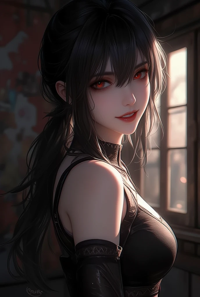 une fille, manga, regard rouge flame intense, sorcière, menaçante, en colère, cheveux noir, elle a des pouvoirs surnaturels, arrière plan en feu autour d'elle, esthétique