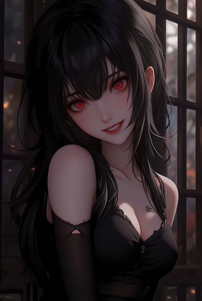 realistic, 1girl, black hair, red eyes, glowing eyes, witch, parted lips, blush, night, cat ears, magic circle, smile, broom,