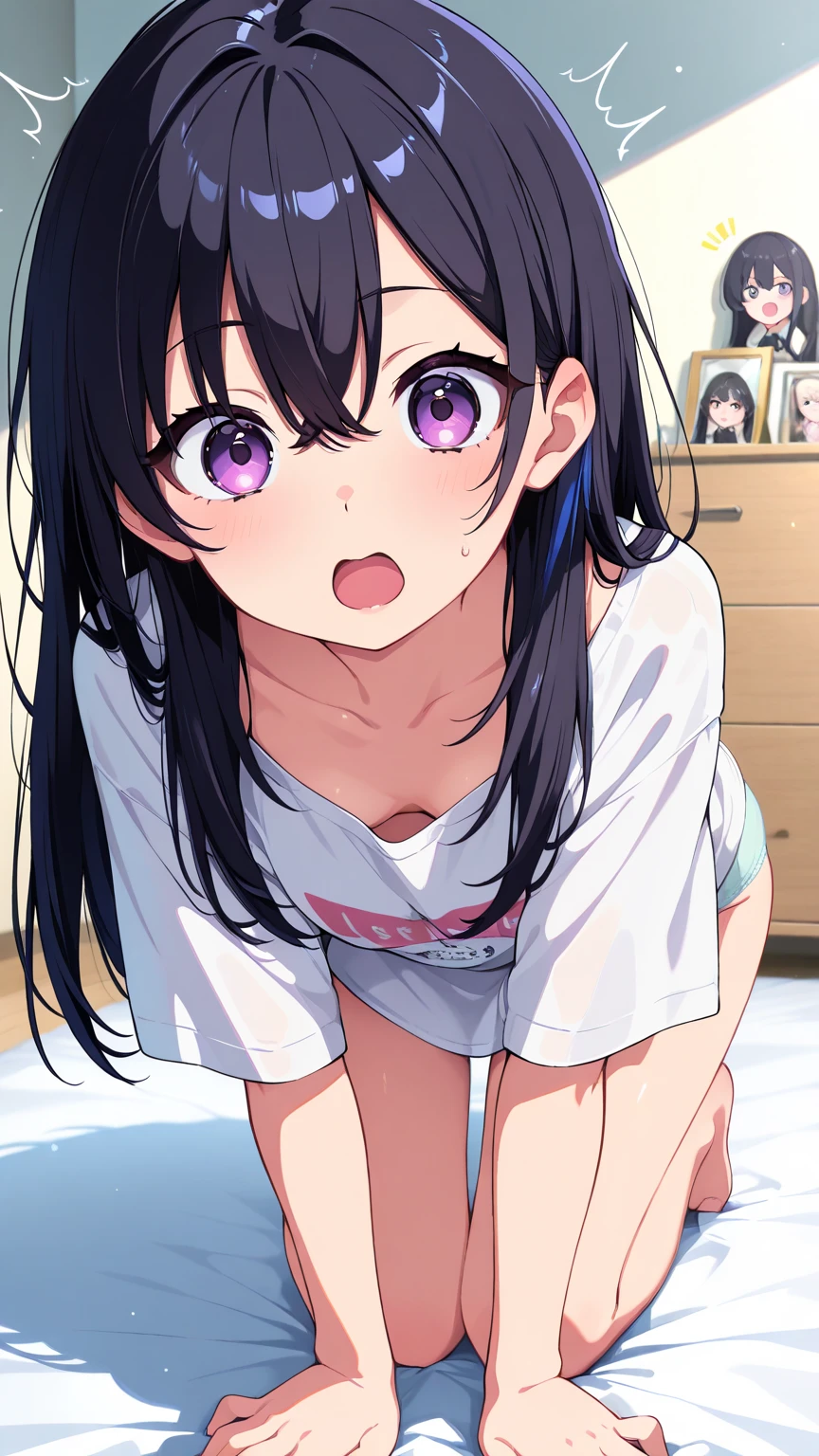 One girl with black bob hair、In underwear、Panties with strawberry pattern、strawberry pattern bra、Sexual violence、Standing posture、classroom、Shyness、Crying face、resistance、fear