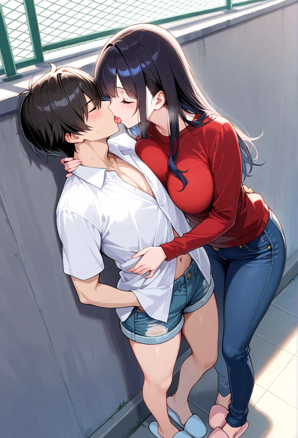 lilandavastyle, score_9, score_8_up, score_7_up, score_6_up, 1 girl, expressionless, detailed facial features, concept art, digital art, long black hair, small breasts, eye linear, eye shadow, black knee high socks, black pleated skirt, white button down shirt, black boots, thigh high black socks, open jacket, blazer, 1boy, sex, upright straddle, leg lock, (girl on top,) lying on her side, bed, kissing, sucking tongue, (looking at viewer), eyes half-open, eyeshadow,) creampie, solo focus, (creampie, cutaway, huge penis, internal cumshot, ovum, womb, x-ray cutaway)