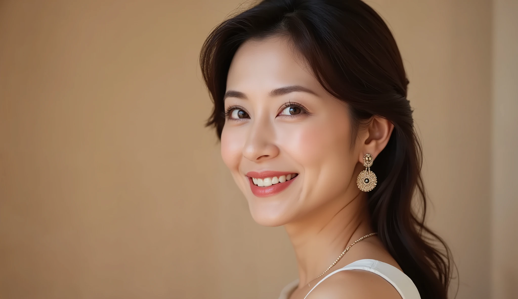 with soft, Hollywood-style wavy hair and elegant makeup、Stunning 48-year-old Japanese woman, features clear eyes and naturally shiny lips. 3/4 profile views, gently smiling. Warm natural light accentuates the contours of her face. The background is captured in minimalistic warm beige. ultra high resolution, hyperrealistic, depth of field, physics-based rendering, Clear Focus, and fine skin details.
