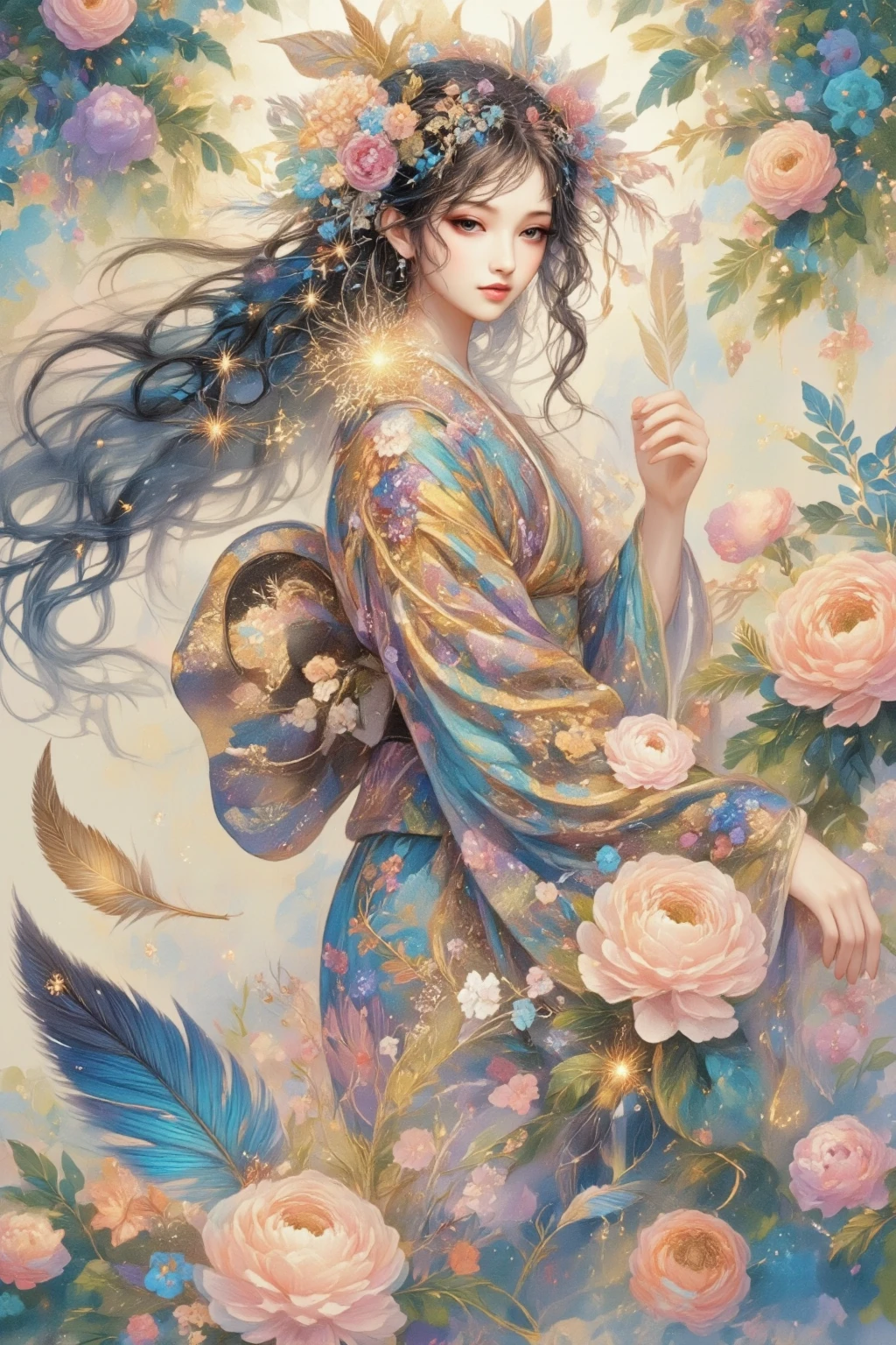 sparkles similar to stars and fairy dust {x} Graceful floral elements interspersed with details、A woman wearing a beautiful and delicate kimono、Her hair flows like soft waves and blends seamlessly。Extremely Beautiful Digital Art、artistic illustration、An enchanting dreamy composition、Ethereal atmosphere、based on soft pastel blue、pink and purple color scheme、Soft brushstrokes and a harmonious color palette。adds airiness and lightness to the composition。Sparkling feathers and flowers intertwine in a whimsical way、It creates a fantastic sense of femininity while drifting around her。Sparkling light accents reminiscent of twinkling stars and dew、watercolor background 、The overall effect is fantastic and evokes a sense of otherworldly serenity and wonder. Highest Quality、masterpiece、８ｋ、super definition