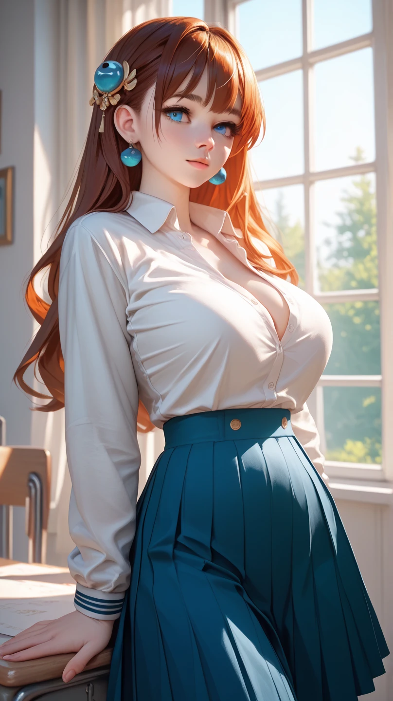 masterpiece, best quality, finely detailed, 1girl, (orange), (bishoujo), cute, (green eyes), (eyelashes), (huge breasts), (cleavage), (white shirt:1.2), (open shirt), sitting on a sofa, lamp, window, night, delicate interior design, fox ear, Fox's tail