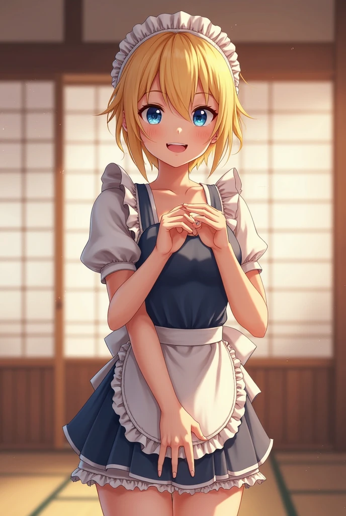 <lora:ricegnat_style:0.8>,(maid uniform:1, maid headdress, ), ((masterpiece,best quality)), absurdres, <lora:Mito_Ikumi_Shokugeki:0.8>, Mito_Ikumi_Shokugeki, blonde hair, dark skin, green eyes, short hair, 1girl, solo, ahoge, choker, solo, smiling,blushing, looking at viewer, cowboy shot,