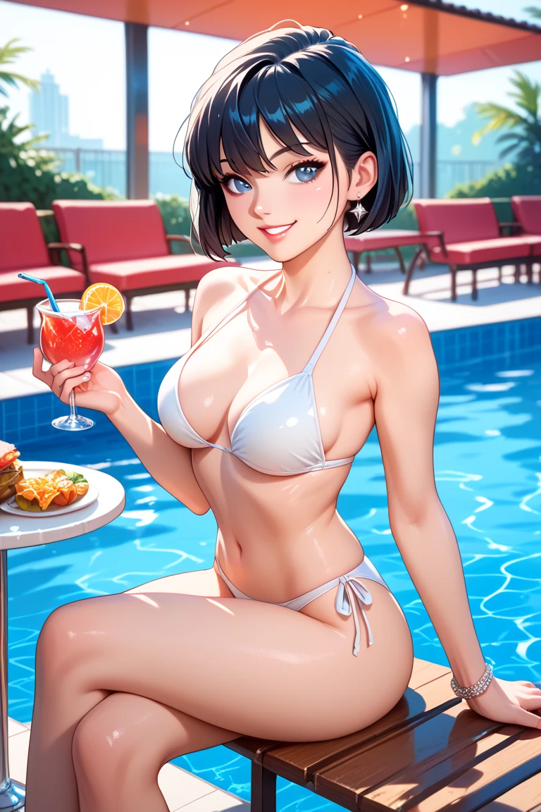 Pool party, crazy party, crowded pool, lots of people, people in swimsuits, people swimming, dancing, making noise, playing, cocktails, beer, palm trees, blue sky, summer days, music, bustle, best quality, 8k, highres, realistic, detailed,