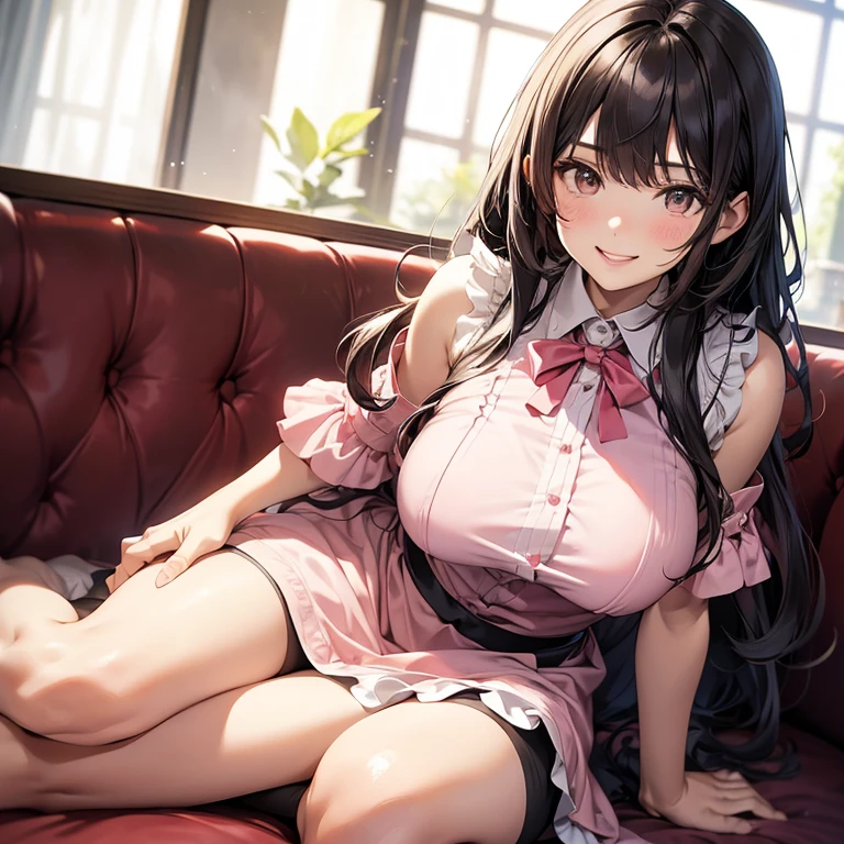 big lips, brown hair, pink eyes, japanese face, gyaru, two side up, huge breasts, wide hips, sexy, pink theme, kawaii, detailed, pink room, decora, bangs, grin, gyaru outfit, kawaii, pleated skirt, punk, goth, pink and black outfit, plaid skirt, punk shirt, choker