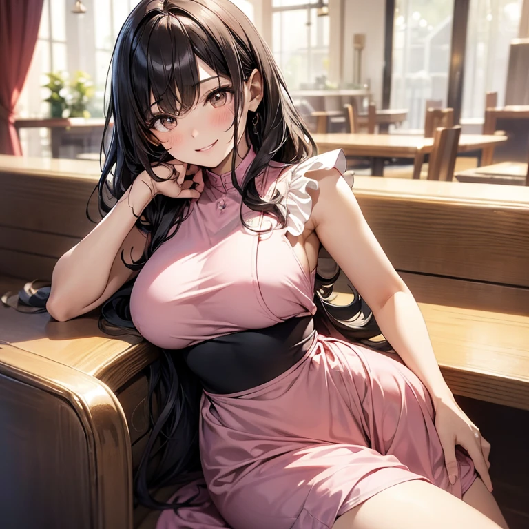 masterpiece, highest quality, Super detailed, figure, beautiful woman pictures,hair ornaments ,wearing a pink dress ,open your arms, Moderate ,(shaved armpits:1.1), blush, naughty face,sitting outside of restaurant,rim lighting, studio lighting,skin texture,skin pores , very detailed, 8k ultra uhd, - expensive:1.1.5