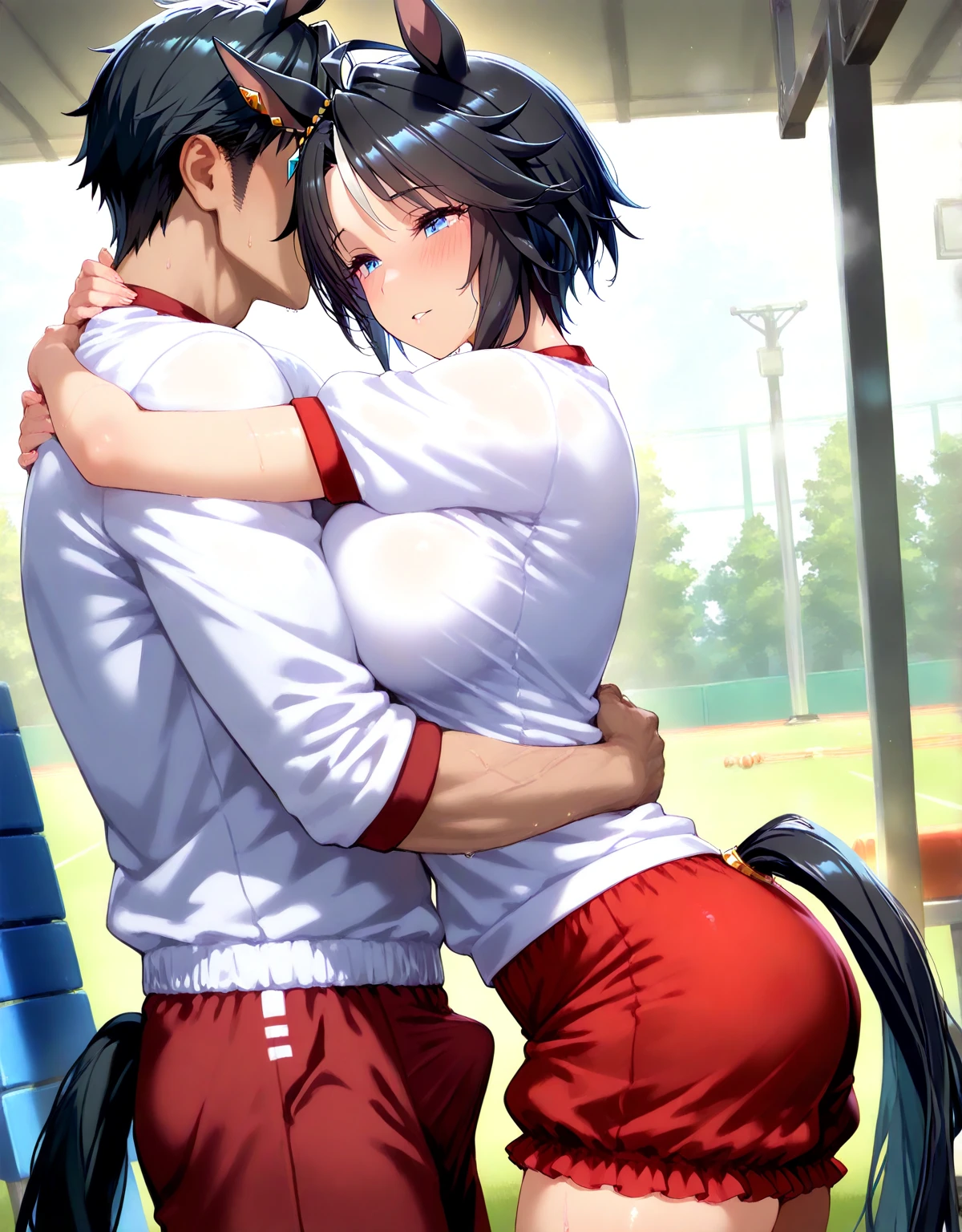 1boy, buzzcut, 1girl, bangs, black hair, blush, medium breast, gym short sleeve white shirt, gym shorts, boy grab girl's chest, cute, love, couple, adorable, long sleeves, dating, face to face, (kiss, deep kiss,) open eyes, girl back leaning wall, indoors, bedroom, 