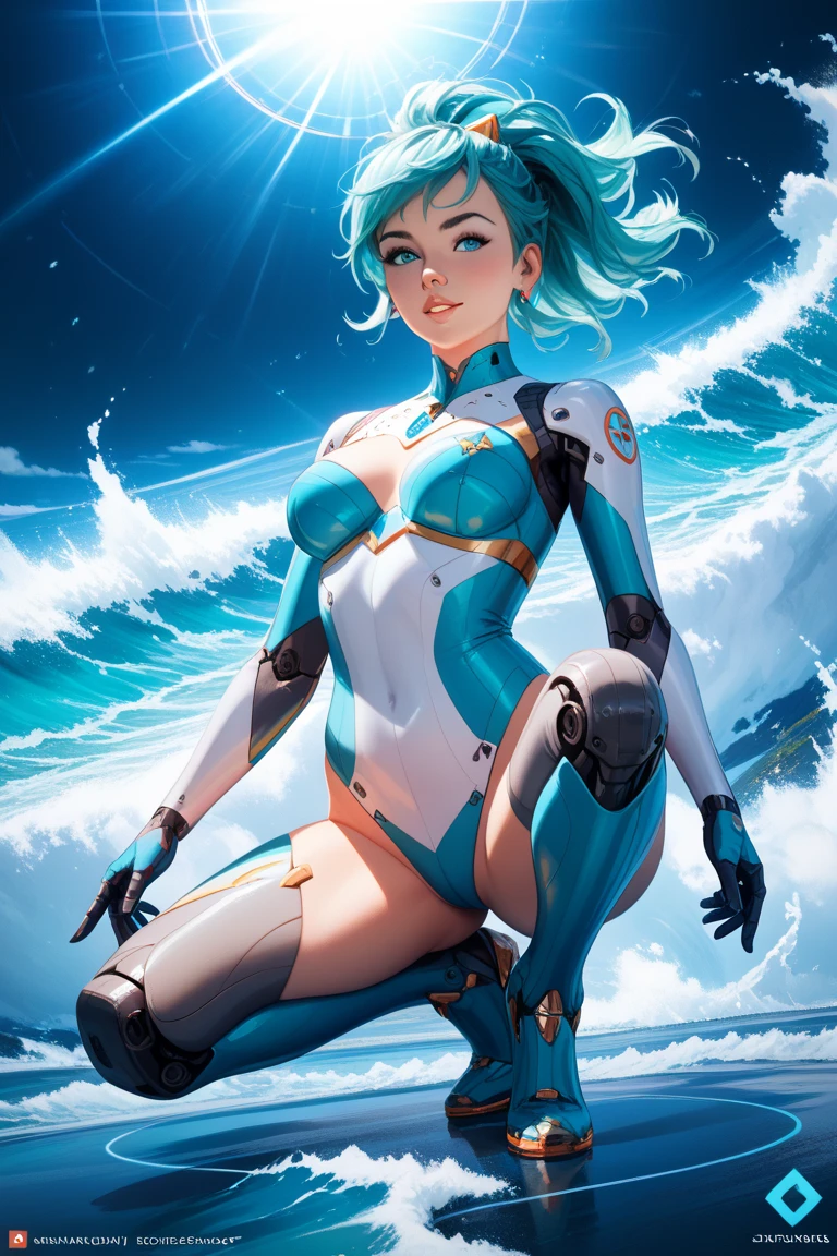 perfect hands, perfect finger,perfect anatomy, masterpiece, best quality,realistic, hyperrealistic, 16k hdr,1girl, large breasts,erected nipples,blue hair, bobcut,mobile trace suit, shoulder armor,bodysuit,fighting pose, upper body, cockpit,from above