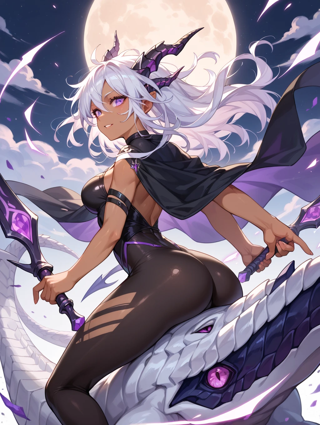 highest quality、Realistic、A woman with long, fluffy, light purple hair、2Fighting a big black beaked monster、Frightened Eyes、Tears overflow、Slim figure、Small breasts、White off-shoulder armor、Belly button、Beautiful exposed thighs、Fighting Pose、Big black monster with beak catches a woman'feet、Big black monster with beak catches a woman'poor、Dark night swamp、another world、Dark fantasy