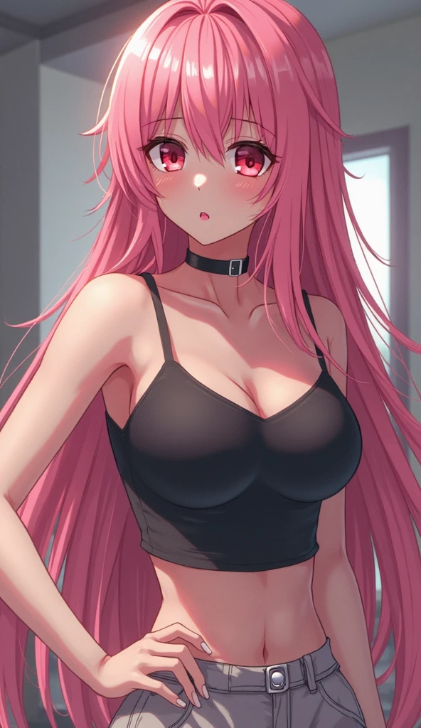 1girl in,Pink hair,Hide with your hands without a bra