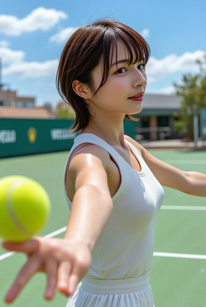 ​masterpiece、top-quality、8k、super-detaild skin、perfect anatomia、1 girl in、Tennis Wear、tennis coat、Where I hit my serve、(depth of fields)、(Lens Glow)、Sony 7、35mm、f1.8、Physically-based rendering、