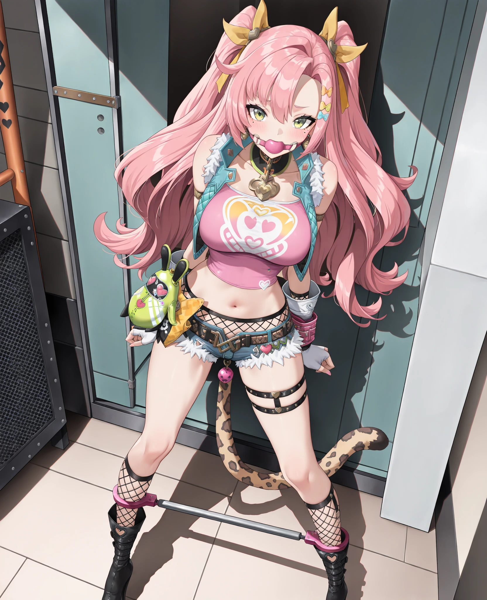 (Nicole_\(Zenless_Zone_Zero\)),solo,long hair,yellow eyes,green eyes,pink hair,mole under eye,gloves,shorts,fingerless gloves,crop top,short shorts,(thigh stra,heart),midriff,belt,earrings,denim shorts,jacket,hair ornament,fishnet socks,very long hair,navel,large breasts,short shorts,cutoffs,pink shirt,looking at viewer,mole,twintails,bare shoulders,blush,sleeveless jacket,nsfw, gagged, white knee high ballet heels boots, ((Best quality, 8K, Masterpiece:1.3, 1 girl)), best quality, high quality, Ultra quality, extremely detailed, ultra detailed, masterpiece, 8K quality, leather body harness, bdsm, bondage, standing, armbinder, spreader bar, leopard tail anal plug, hands tied up, pink ballgag