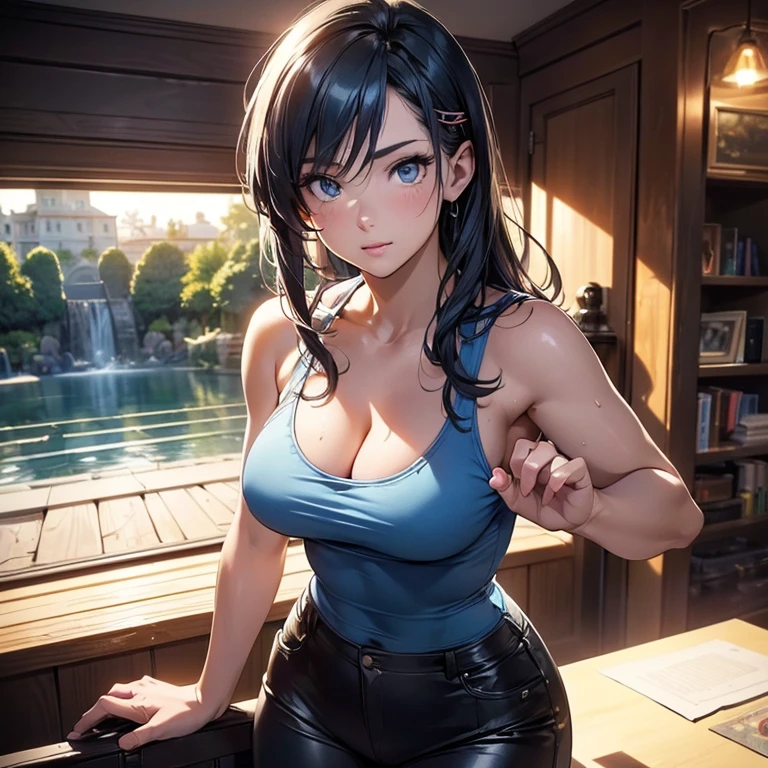 (best quality, 4k, 8k, highres, masterpiece:1.2), ultra-detailed, detailed face, detailed lips and eyes, attractive appearance, expressive face, ((anime art style)), (pixiv:1.3), BREAK Lotan beautiful caucasian woman with straight long black hair,blue eyes,fair skin,voluptuous,detailed lips and eyes,expressive face,attractive appearance,dragon horns on the head, BREAK (indigo theme:1.4), (tucked out and button-up oversized indigo collared-shirt with indigo shirt-hem:1.5), (long sleeves:1.2), ((collarbone, wrist):1.3), BREAK (khaki theme:1.2), (khaki tight long-pants:1.2), (ankle:1.3), (black high heels:1.2), ((necklace, earrings):1.2) BREAK ((1girl)), (black horns), cleavage, dynamic angle, dynamic pose, looking at viewer, BREAK detailed, perfect fingers, perfect hands, detailed perfect face, intense blushing, tall female, smirk, beautiful detailed glowing deep blue eyes, arrogant caring slightly shy and slutty expression, (solo:1.2), horny