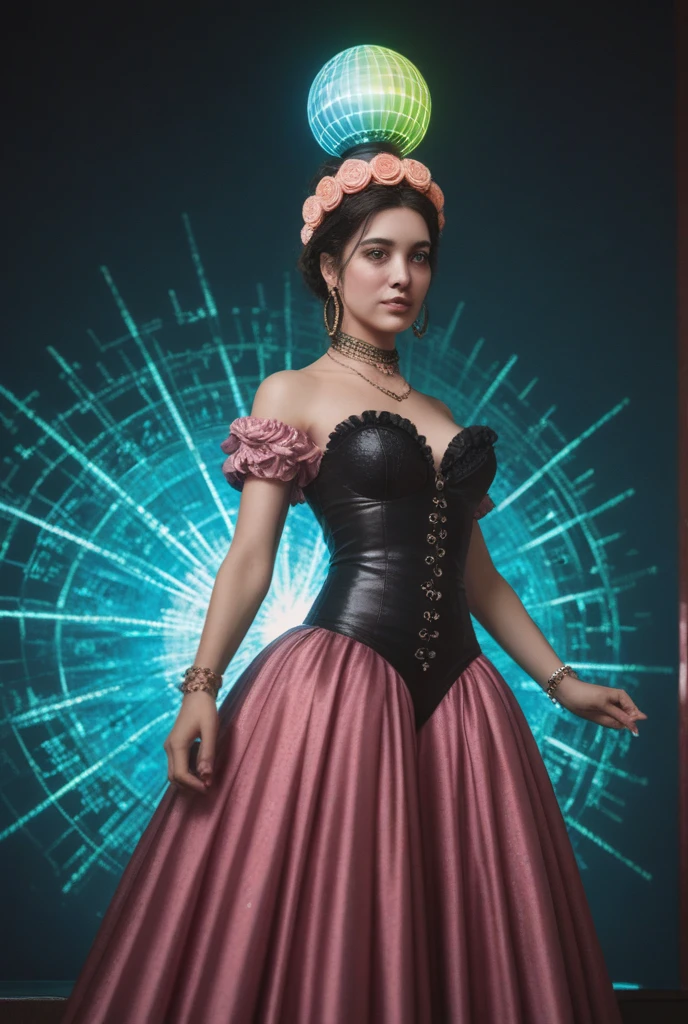 Albanian, girl, long brown hair, blue eyes, ((Fundo Cyberpunk:1.1) Arte de John Tenniel, frustrada Ariana Grande, cabelos azuis claros, Cachos, vestindo um imponente e elaborado vestido de baile trixie de cetim preto e amarelo adornado com cetim grande, futuristic salon dress, cybernetic enhancements , (((huge ribbon loops))), Rosebuds, Bordados e joias, (seios gigantescos:1.3) com (((enormes mangas inchadas))), uma cintura ampulheta, e um (((volumosa saia de argola crinolina))), (((Bustle))),   luvas pretas longas, adorned with intricate metallic details, necklace and earrings of pearls and diamonds, cabelos grandes e elaboradamente enrolados e penteados