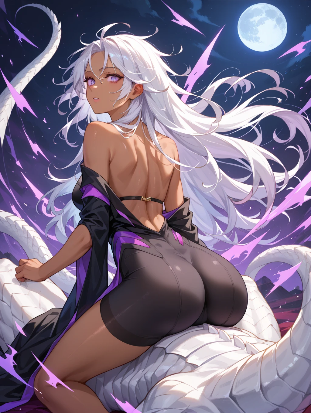Adult woman with long white hair, Huge breasts,pale skin,Demon horn,Purple Eyes,White top,Abdominal muscles,Bare arms,thong,Bare Legs,Big snake