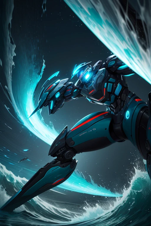  High quality, ultra realistic,absurdres, highres, ultra detailed, HDR, masterpiece, extremely detailed face and eyes,  beautiful mecha girl on the forest , sit on rock infront light blue lake, ,, white hair ,, ,white eyeleshes, blue eyes , Epic fight scene, blue splashing effect,blue lightning  effect,glowing glitters , 