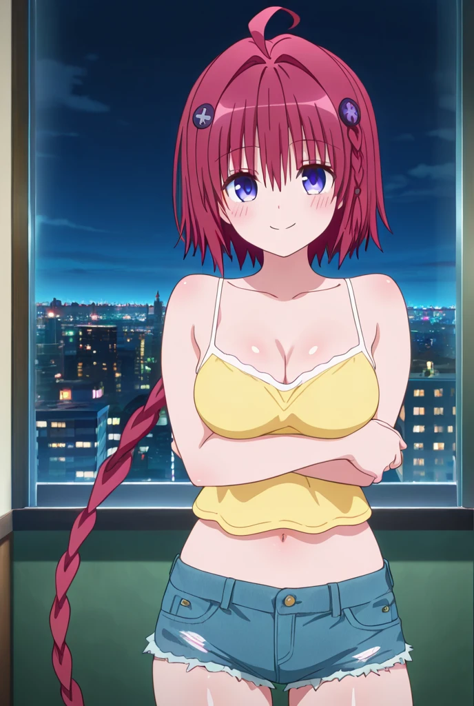 Make a redheaded age girl with short hair and purple eyes wearing a bra. Embarrassed and angry on the school rooftop.
anime styling.