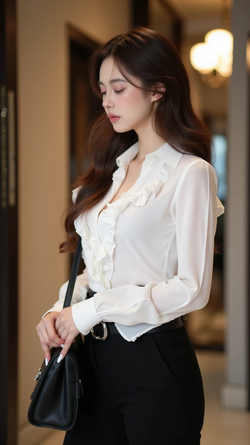 Upper class woman sitting on beautiful park lawn with purse and handbag, Sitting, (No bra)、Wearing an ultra-thin silk blouse over naked、Wearing (Sukesuke Silk Blouse:1.3), jaw-dropping beauty、 thighhighs and skirt, (Wearing ultra-realistic pantyhose)、elegant japanese woman, Ultra-thin white shirt and gray skirt, transparent gray skirts, Japanese Models, Wearing a blouse, japanese city street fashion, japanese street fashion, dressed with long fluent clothes, dressed with fluent clothes, very pretty model, Wearing a white blouse, Cute elegant pose、A smile、　　Raw photo, (in 8K、top-quality、​masterpiece:1.2)、(intricate detailes:1.4)、(Photorealsitic:1.4)、octane renderings、Complex 3D rendering ultra detail, Studio Soft Light, Rim Lights, vibrant detail, super detailing, realistic skin textures, Detail Face, Beautiful detail eyes, Very detailed CG Unity 16k wallpaper, make - up, (detailedbackground:1.2),　Realistic skin feeling、shinny skin、Exposed thighs!!!、