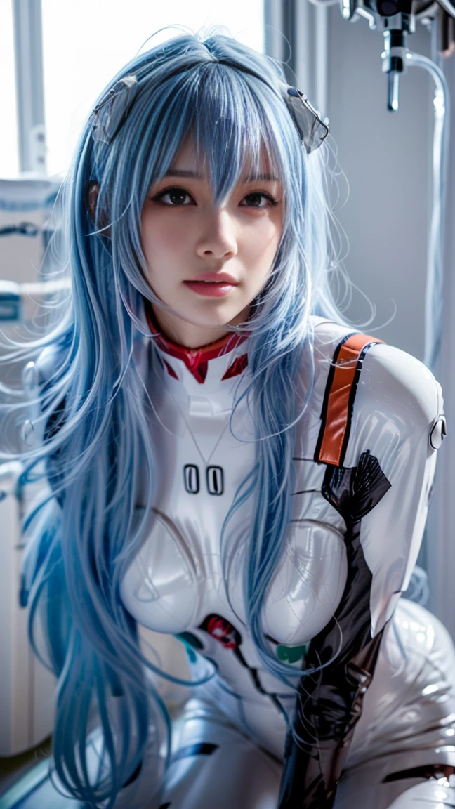(highres, best quality), Rei Ayanami, Beautiful Mixed Pretty Japanese Babe Face. Beautiful Face, Detailed Beautiful bright red eyes, beautiful slim body, Super Blue long Hair, white plugsuit, combine realism and anime influences, sorrow beautiful face, Intense Beautiful gaze, dark blue hair, dark blue hair, Hyperrealism, social media composition, cowboy shot, f/4.0, textured skin, award winning